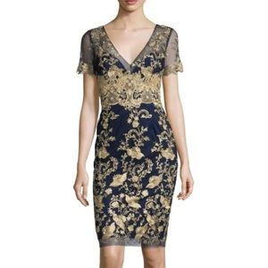 Marchesa Notte Blue and Gold embroidered dress